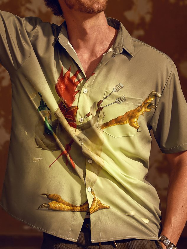 Kung fu Rooster Chest Pocket Short Sleeve Casual Shirt