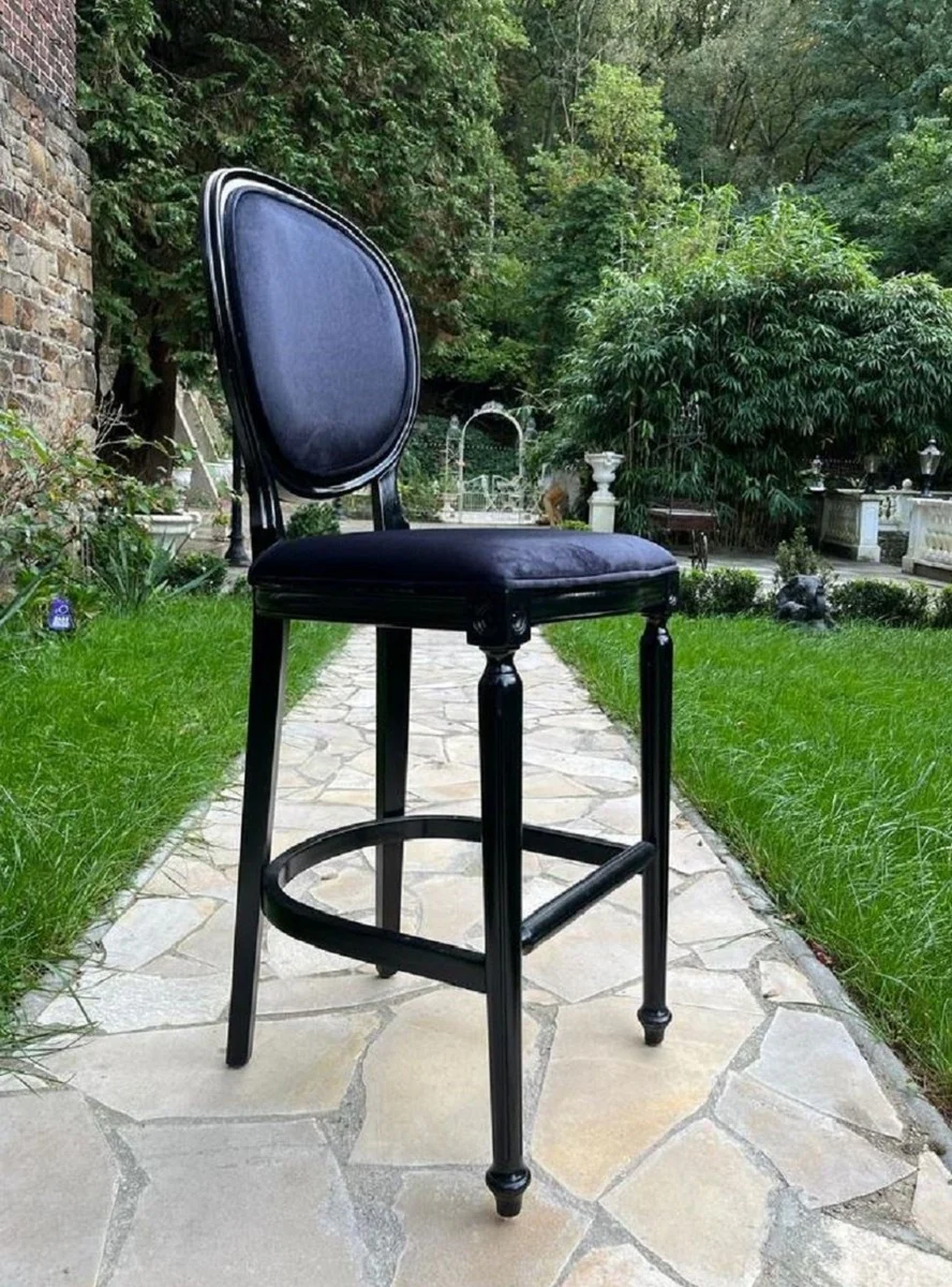 Casa Padrino silla de bar barroco negro - Magn¨ªfico taburete de bar de madera maciza de estilo barroco con elegante tejido de terciopelo - Muebles de bar barrocos