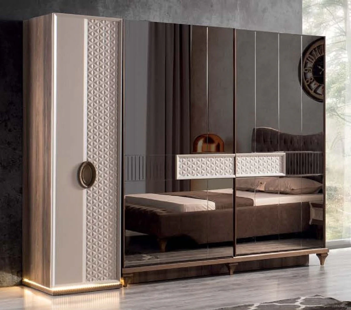 Casa Padrino armario de dormitorio Art Deco de lujo blanco / marr¨®n 261 x 73 x A. 221 cm - Armario de madera maciza con espejos - Muebles de Dormitorio Art Deco