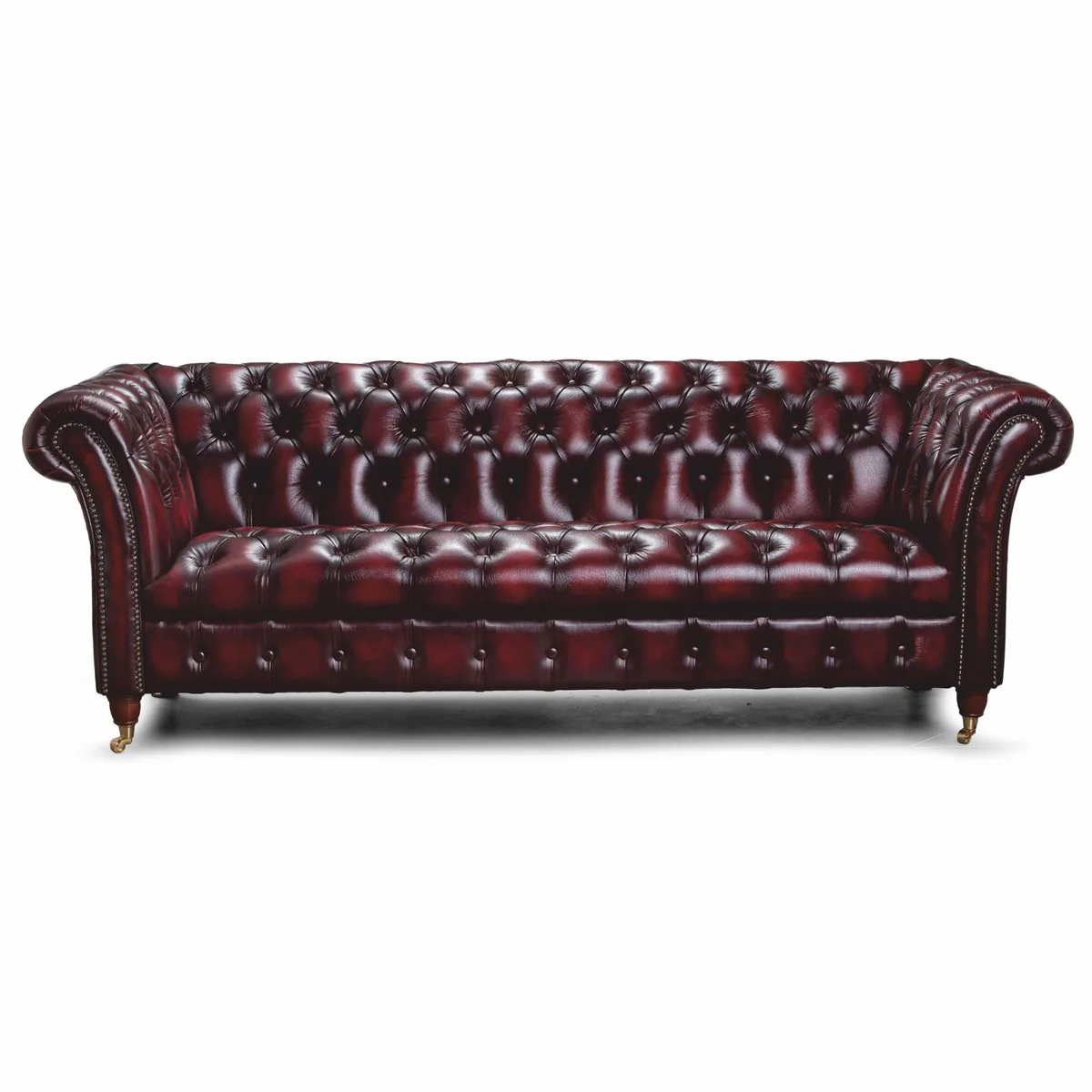 Casa Padrino Sof¨¢ de 3 Plazas de Cuero Chesterfield de Lujo Rojo Vino Oscuro / Lat¨®n 235 cm - Muebles de Cuero