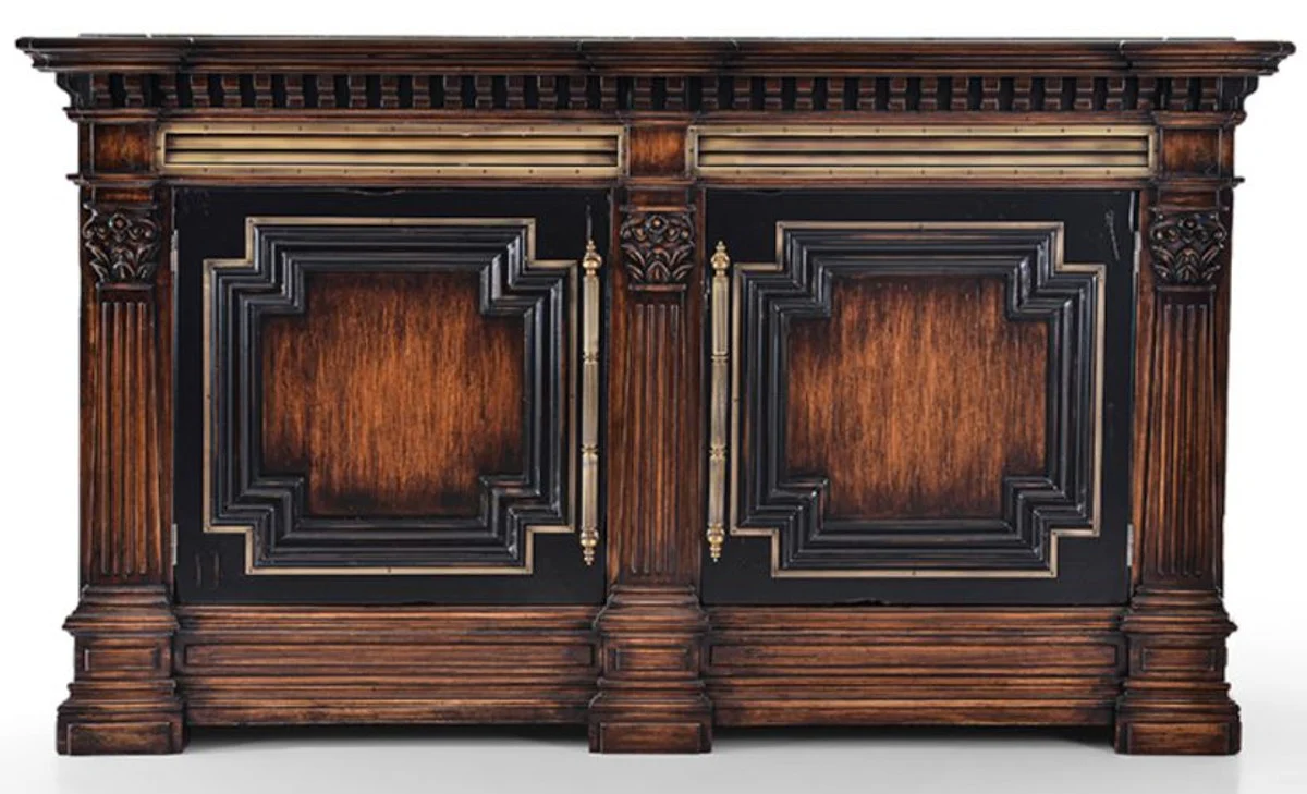 Casa Padrino aparador de estilo vintage de lujo con 2 puertas y tapa de mármol marrón / natural / negro 212,5 x 56 x A. 123,5 cm - Armario madera maciza - Muebles estilo vintage - Muebles de lujo