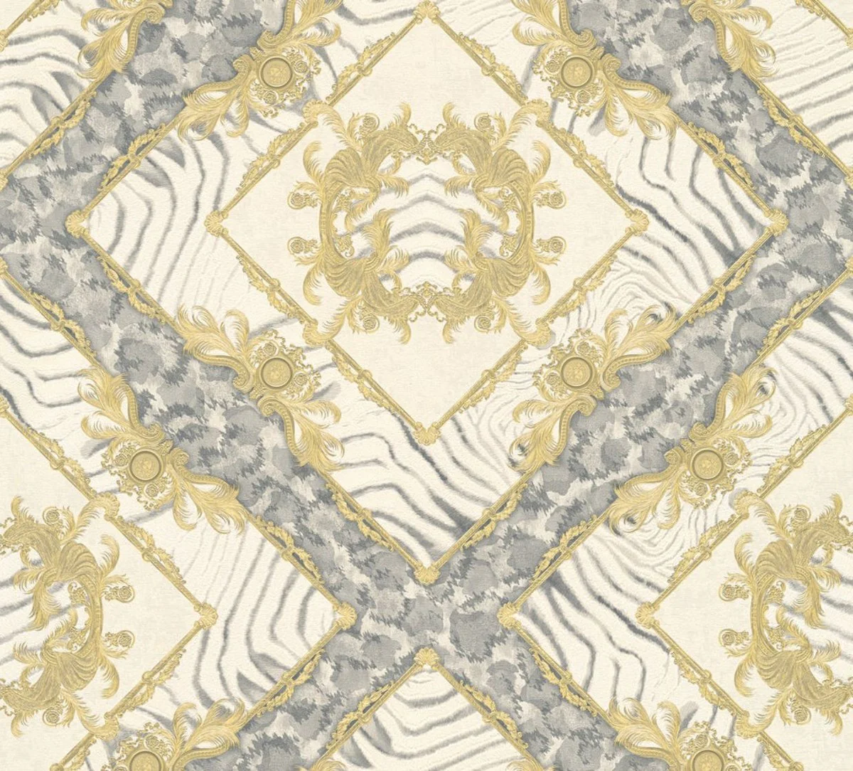 Papel pintado no tejido barroco diseñador Versace Vasmare 349042 crema / gris / oro - Alta Calidad - Accesorios Decorativos
