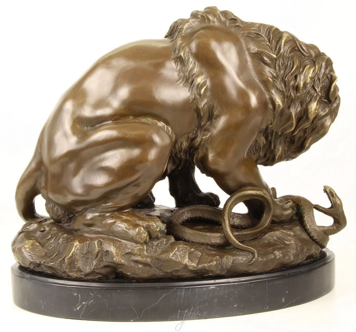 Casa Padrino escultura de bronce de lujo león con serpiente sobre mármol base bronce / oro / negro 41 x H. 35 cm - Figura de Bronce de Lujo