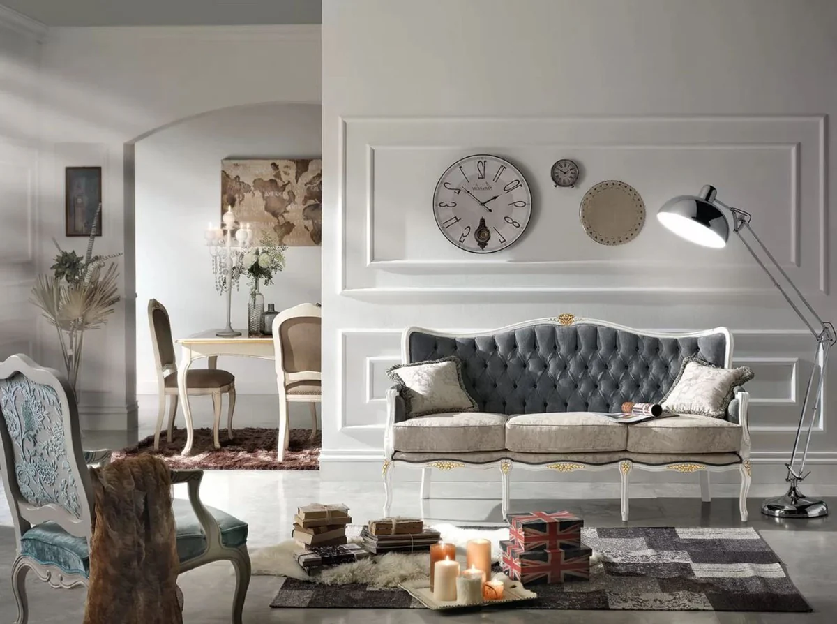 Casa Padrino sof¨¢ barroco de lujo gris / gris claro / blanco / oro - Sof¨¢ de sal¨®n noble con patr¨®n elegante y 2 cojines decorativas - Muebles Barrocos - Calidad de Lujo - Hecho en Italia