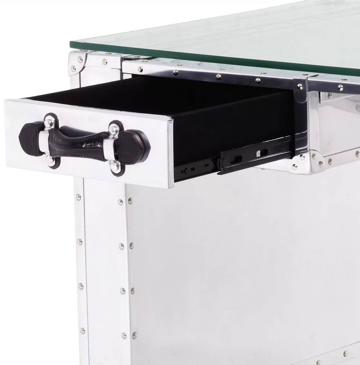 Casa Padrino escritorio de lujo en dise?o de maleta plata / negro 150 x 72 x A. 76 cm - Mesa de oficina de aluminio con tapa de vidrio - Muebles aluminio - Muebles de oficina de lujo