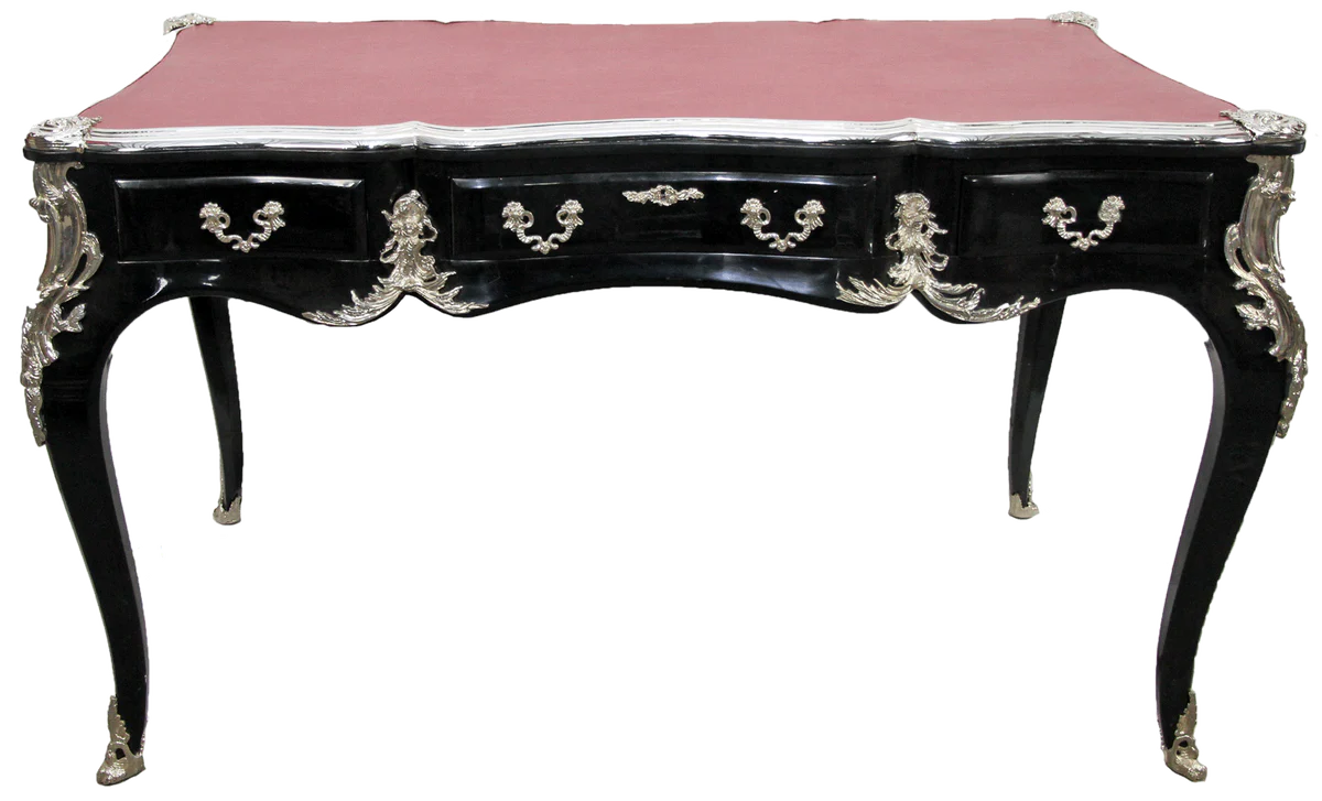 Casa Padrino escritorio barroco de lujo con 3 cajones y aplicaci¨®n de metal s¨®lido negro / plata / burdeos 141 x 65 x H. 80 cm - Muebles de Oficina Barrocos
