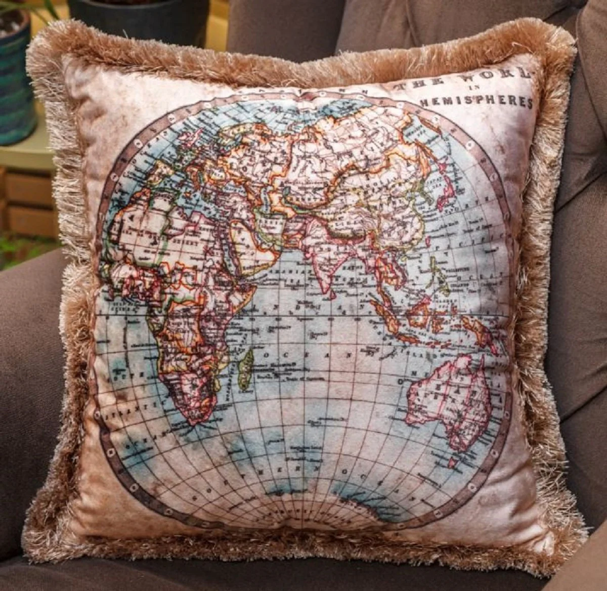 Casa Padrino almohada decorativa de lujo globo beige / multicolor 45 x 45 cm - Almohada de terciopelo estampada con flecos - Colección de Lujo