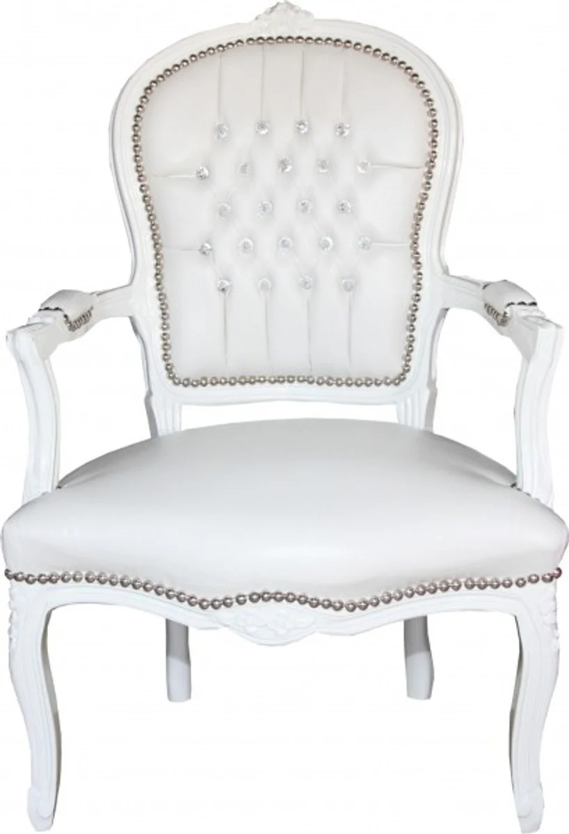 Casa Padrino barroco silla del sal¨®n blanco con aspecto de cuero / blanco con el bling bling de diamantes de imitaci¨®n - Muebles de estilo antiguo