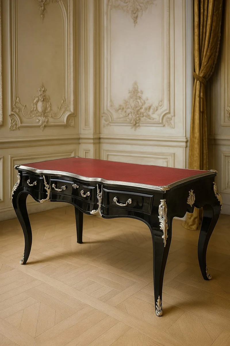 Casa Padrino escritorio barroco con 3 cajones negro / rojo / plata 141 cm - Muebles de oficina barrocos