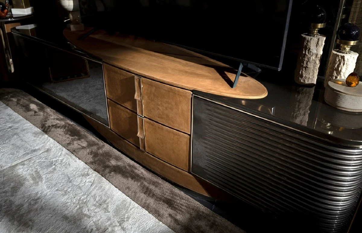 Casa Padrino gabinete de TV de lujo marr¨®n claro / marr¨®n oscuro / gris / oro 249 x 52,5 x A. 56 cm - Aparador de madera maciza con 3 puertas y 2 cajones - Muebles de sal¨®n - Muebles de lujo