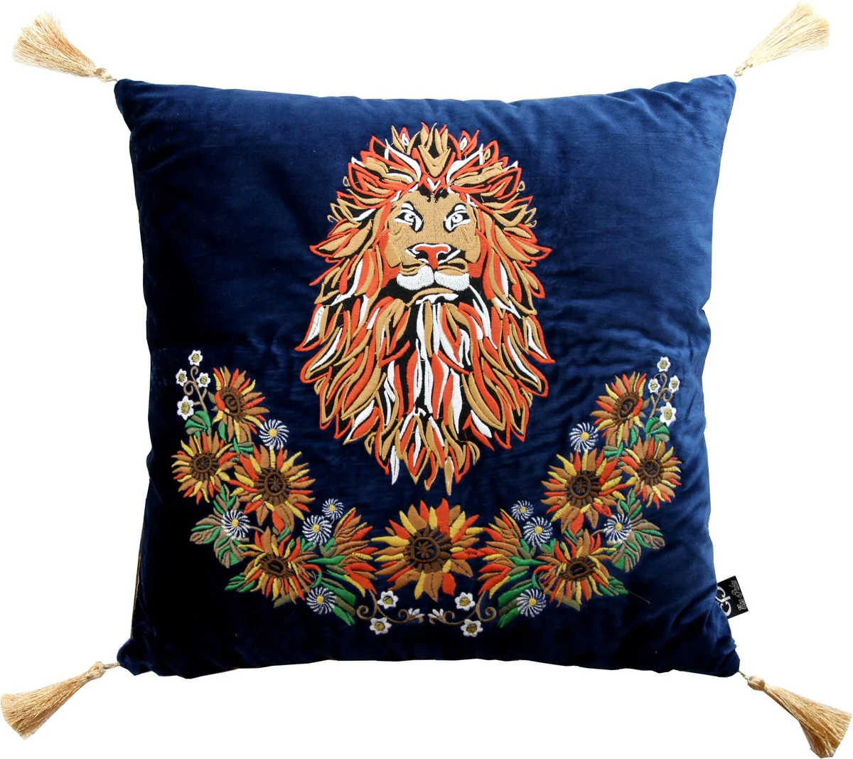 Coj¨ªn decorativo de lujo Casa Padrino con borlas Lion Azul Oscuro / Dorado 45 x 45 cm - tejido de terciopelo m¨¢s fino - calidad de lujo