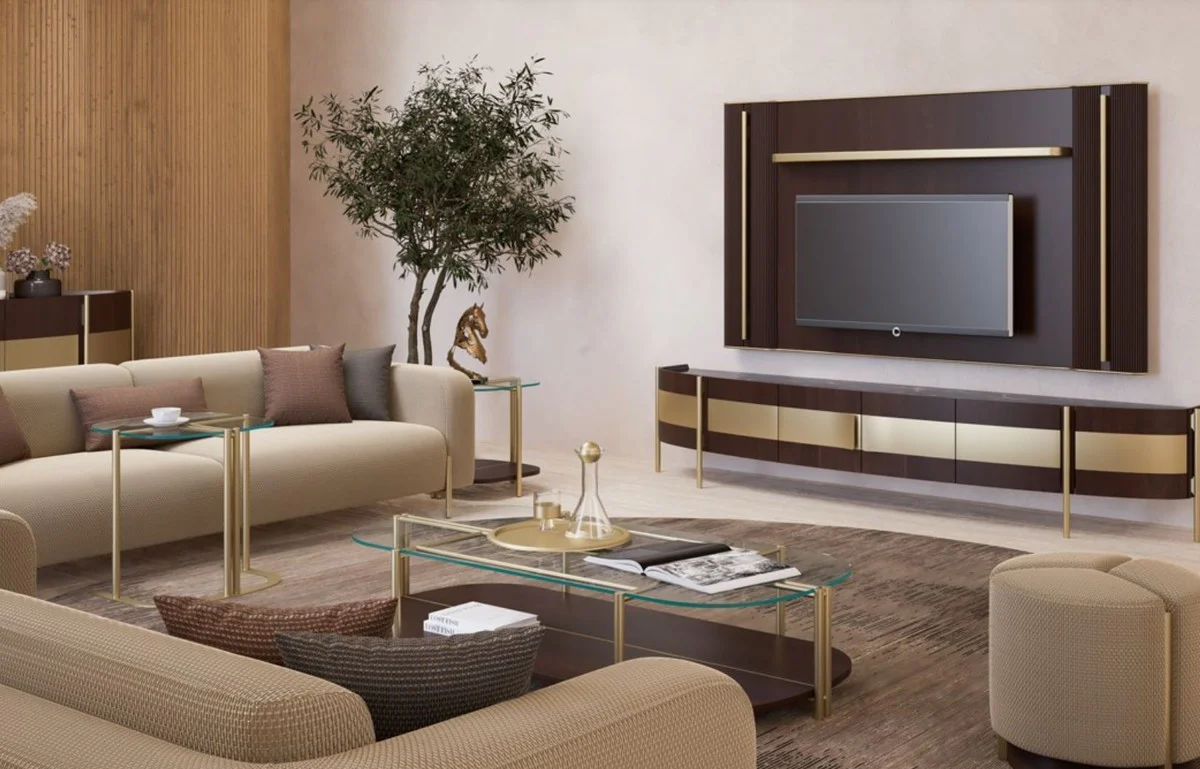 Casa Padrino mesa de centro de lujo marr¨®n oscuro / lat¨®n 155 x 75 x A. 35 cm - Mesa de sal¨®n con tapa de vidrio - Muebles de sal¨®n - Muebles de hotel - Muebles de lujo - Interiores de lujo