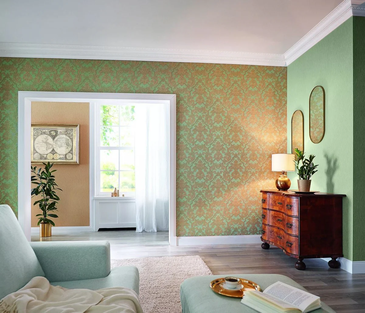 Casa Padrino papel pintado de vinilo verde / marrón - Papel pintado de salón de estilo barroco con patrón elegante - Decoración de pared en estilo barroco