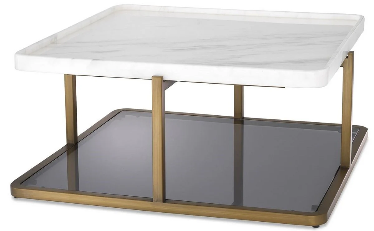Casa Padrino mesa de centro de lujo lat¨®n / blanco / gris 58 x 58 x A. 27,5 cm - Mesa de sal¨®n moderna de acero inoxidable con tapa de m¨¢rmol y vidrio tintado - Muebles de Lujo