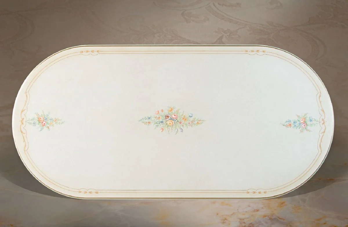 Casa Padrino mesa de comedor barroco de lujo blanco / crema / multicolor / oro - Mesa de comedor ovalada en estilo barroco - Muebles de comedor barrocos - Calidad de Lujo - Hecho en Italia