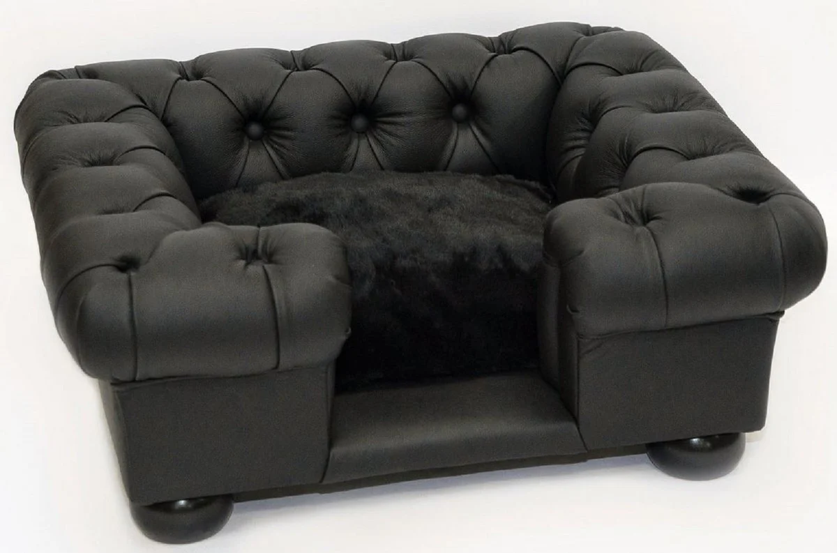 Casa Padrino cama para perros Chesterfield de lujo negro 95 x 75 x A. 37 cm - Cama para perro rectangular de cuero genuino - Muebles para mascotas Chesterfield de lujo - Muebles para perros