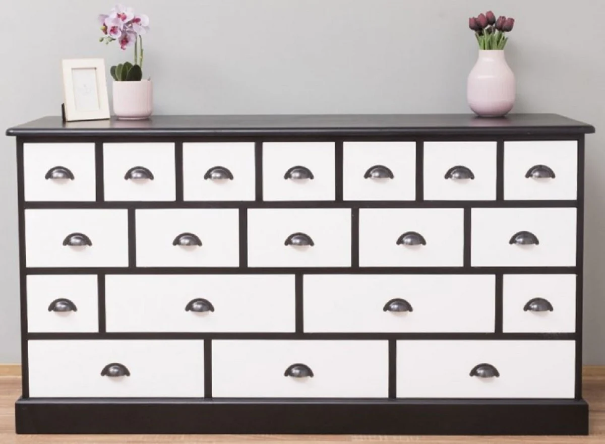 Casa Padrino cómoda de estilo campestre negro / blanco 180 x 48 x A. 95 cm - Armario de madera maciza con 19 cajones - Muebles de estilo campestre - Estilo campestre muebles