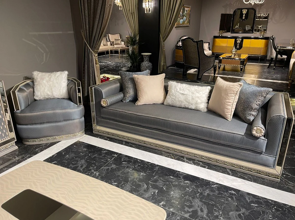 Casa Padrino sof¨¢ Art Deco de lujo azul claro / plata / crema - Sof¨¢ de sal¨®n con espejo - Muebles de sal¨®n - Muebles Art Deco - Muebles de lujo - Interiores Art Deco - Interiores de lujo