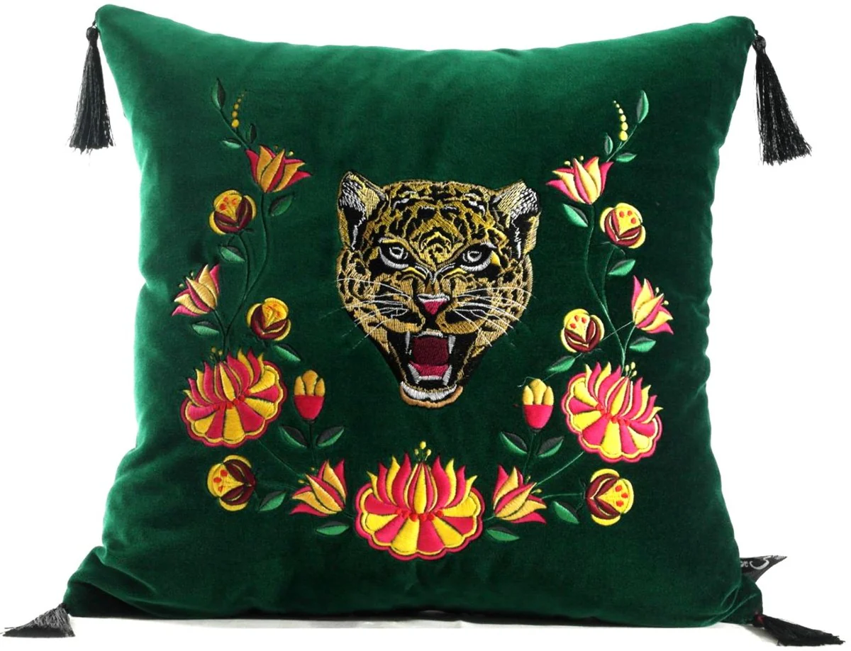 Casa Padrino almohada de lujo con borlas tigre verde / multicolor 45 x 45 cm - Tejido de Terciopelo M¨¢s Fino - Calidad de Lujo