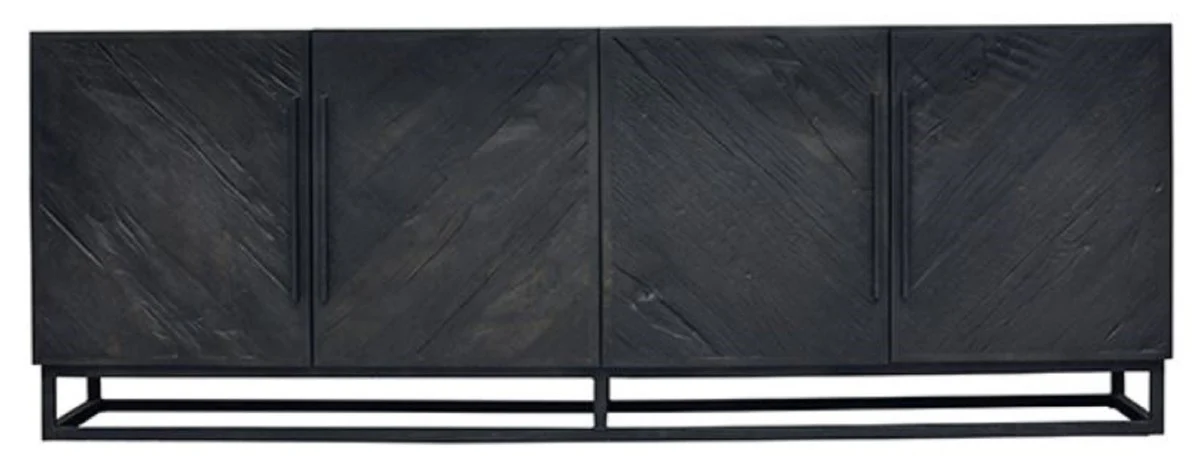 Casa Padrino aparador de madera maciza de lujo negro 220 x 43 x A. 80 cm - Gabinete de roble rústico con 4 puertas - Muebles de comedor rústicos de madera maciza - Muebles de comedor de lujo