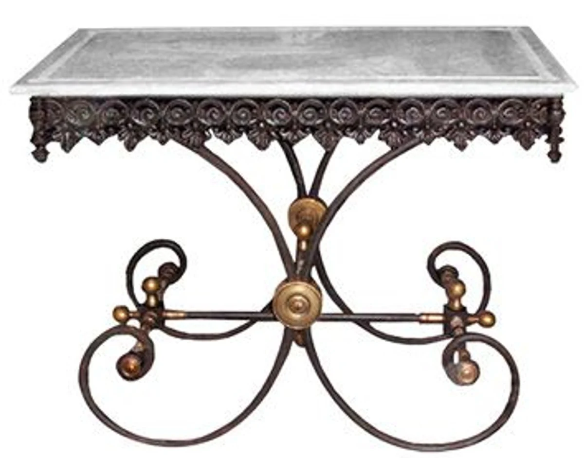 Casa Padrino mesa nostálgica de jardín de hierro forjado con tapa de mármol blanco - 100 cm x 67 cm x H75 cm - muebles de jardín de lujo