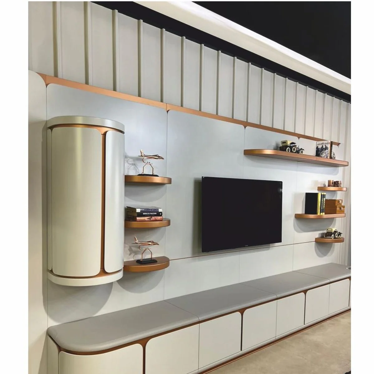 Casa Padrino gabinete de TV de lujo blanco / gris / cobre 430 cm - Muebles de salón y hotel