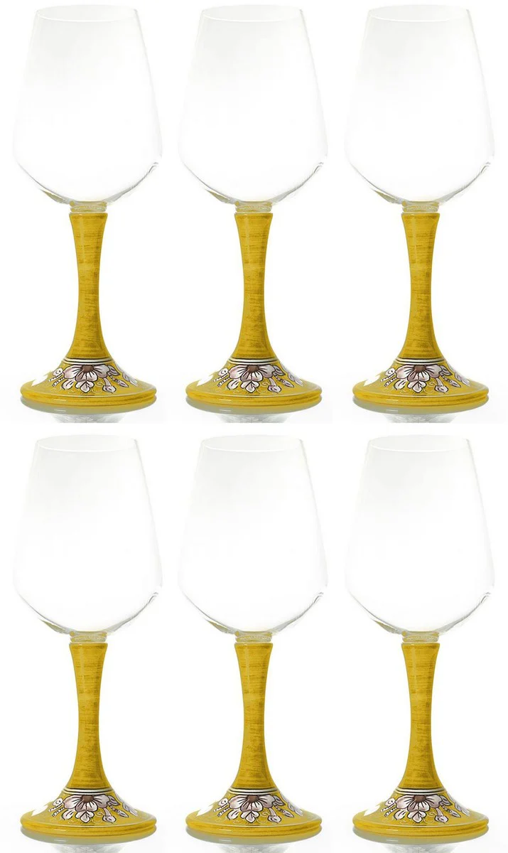 Casa Padrino conjunto de 6 copas de vino de lujo amarillo / multicolor A. 23,5 cm - Copas de vino hechas y pintadas a mano - Accesorios hoteles y restaurantes - Calidad de lujo - Hecho en Italia