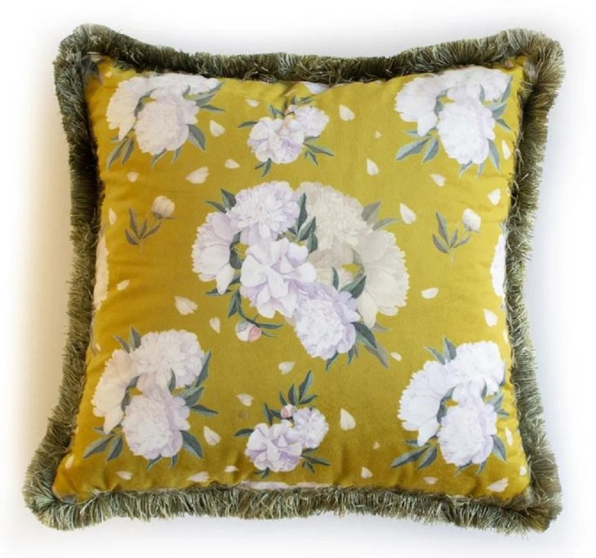 Casa Padrino almohada decorativa de lujo diseño flores amarillo / multicolor / verde 45 x 45 cm - Almohada de terciopelo estampada con flecos - Accesorios Decorativos
