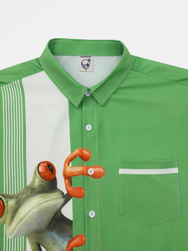 Animal Frog Chest Pocket Short Sleeve Bowling Shirt