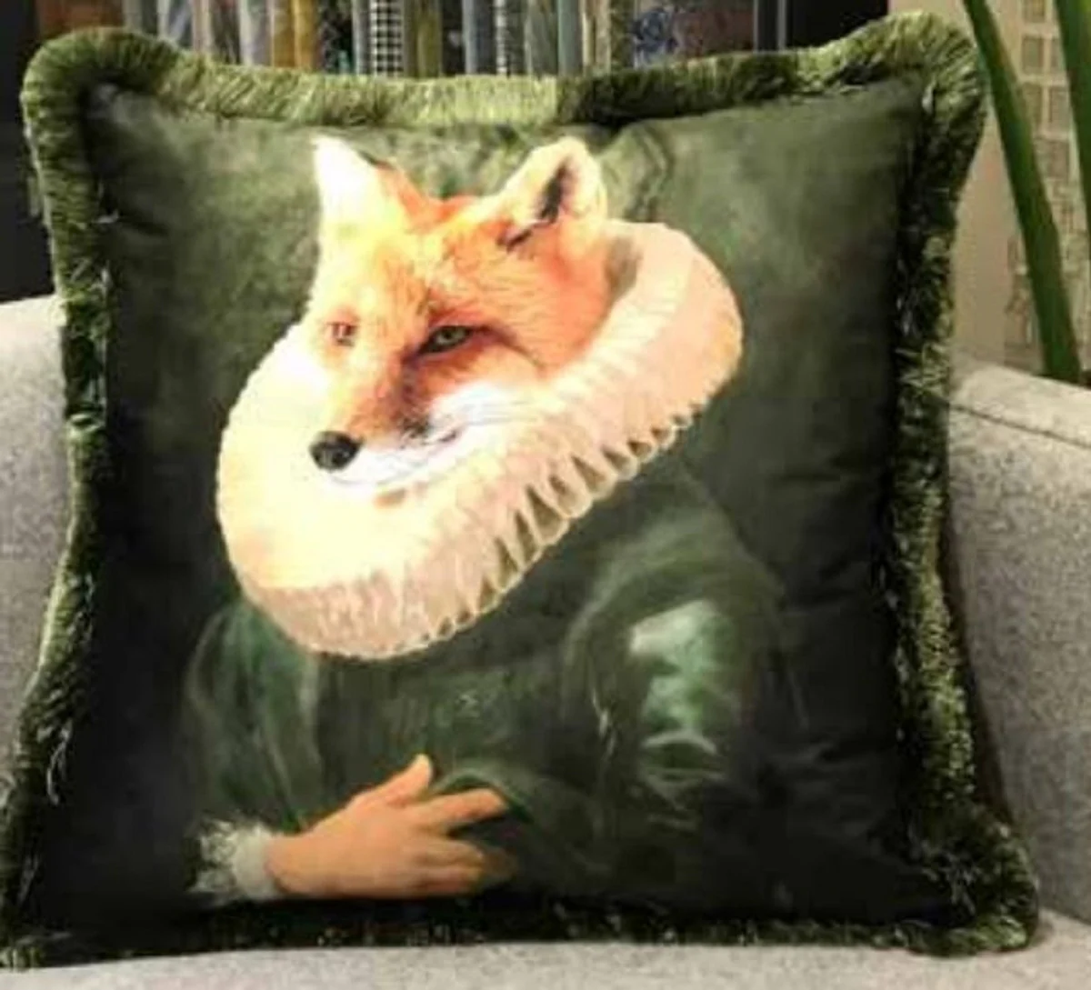 Casa Padrino almohada decorativa de lujo señor zorro verde / multicolor 45 x 45 cm - Almohada de terciopelo estampada con flecos - Calidad de Lujo