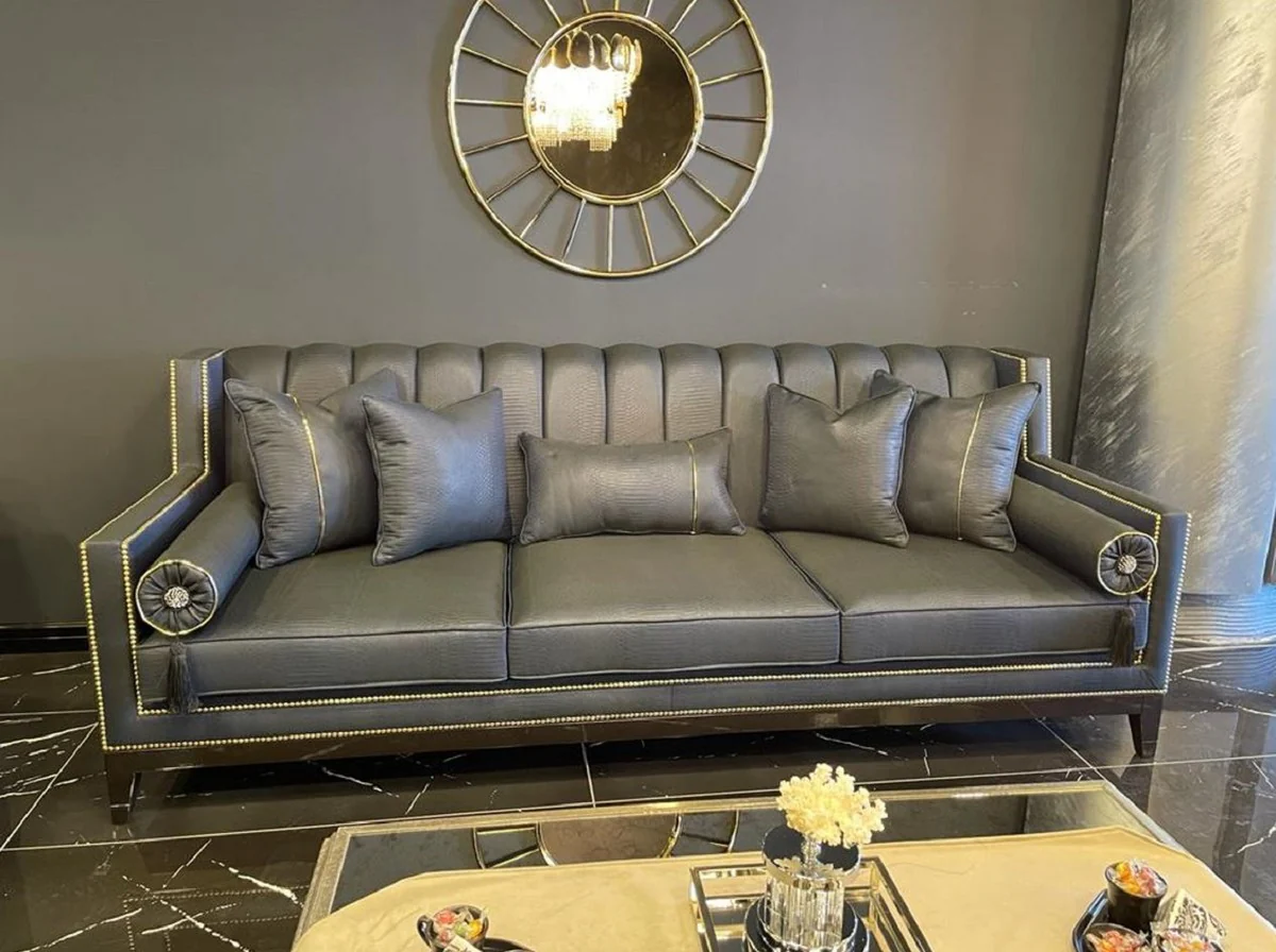 Casa Padrino sof¨¢ Art Deco de lujo gris / negro - Sof¨¢ de sal¨®n de madera maciza hecho a mano - Muebles de Sal¨®n Art Deco de Lujo