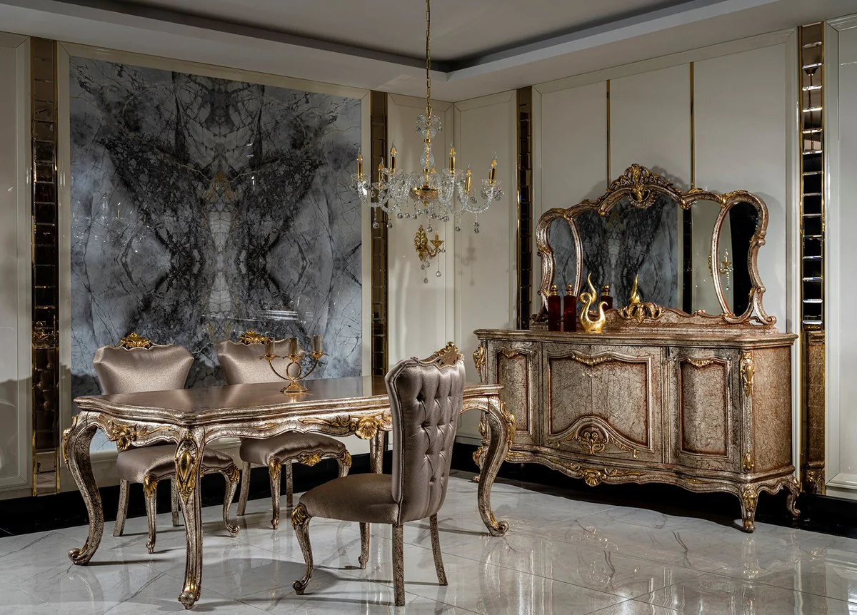 Casa Padrino conjunto de comedor barroco de lujo plata / plata antigua / marr¨®n / oro - 1 Mesa de Comedor y 6 Sillas de Comedor - Muebles de comedor barrocos - Noble y Magn¨ªfico