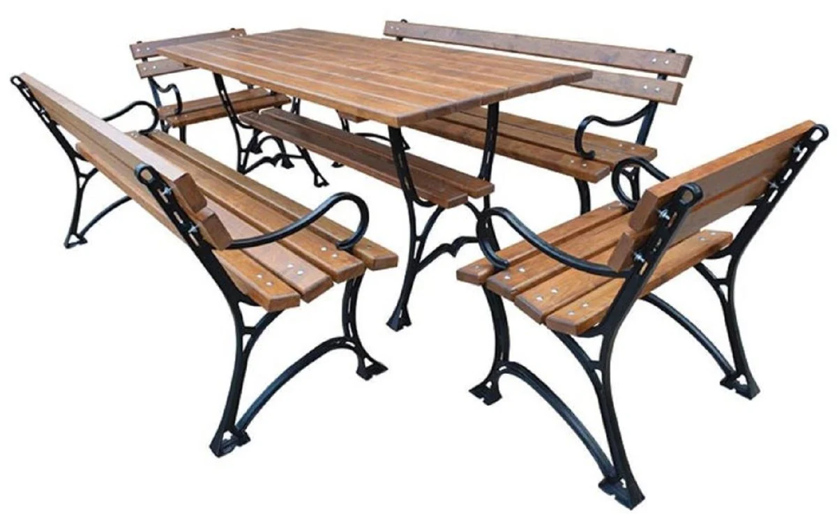 Casa Padrino Conjunto de Muebles de Jardín Art Nouveau Mesa 2 Bancos 2 Sillas con Reposabrazos Marrón / Negro 180 cm - Muebles de Jardín