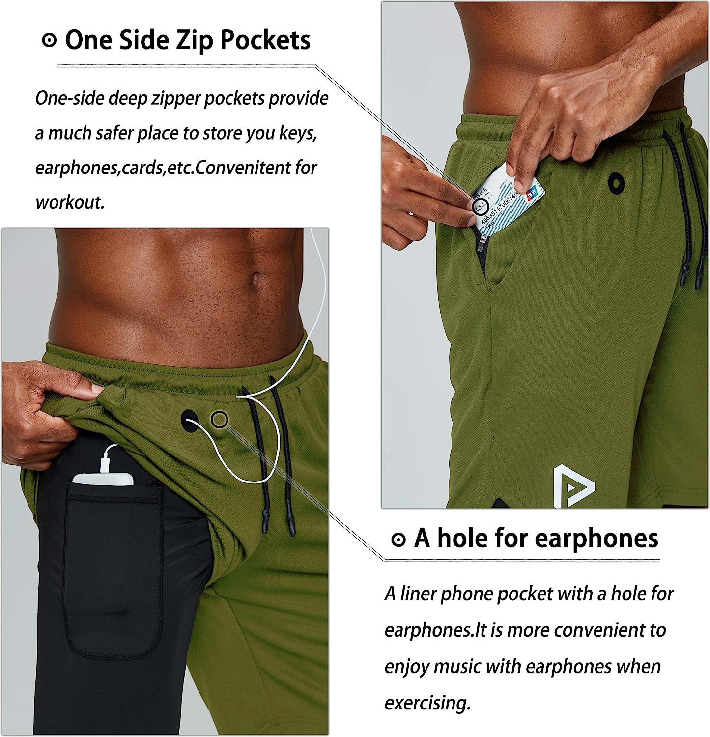 Men's 2 in 1 Running Shorts Gym Workout Quick Dry Mens Shorts with Phone Pocket