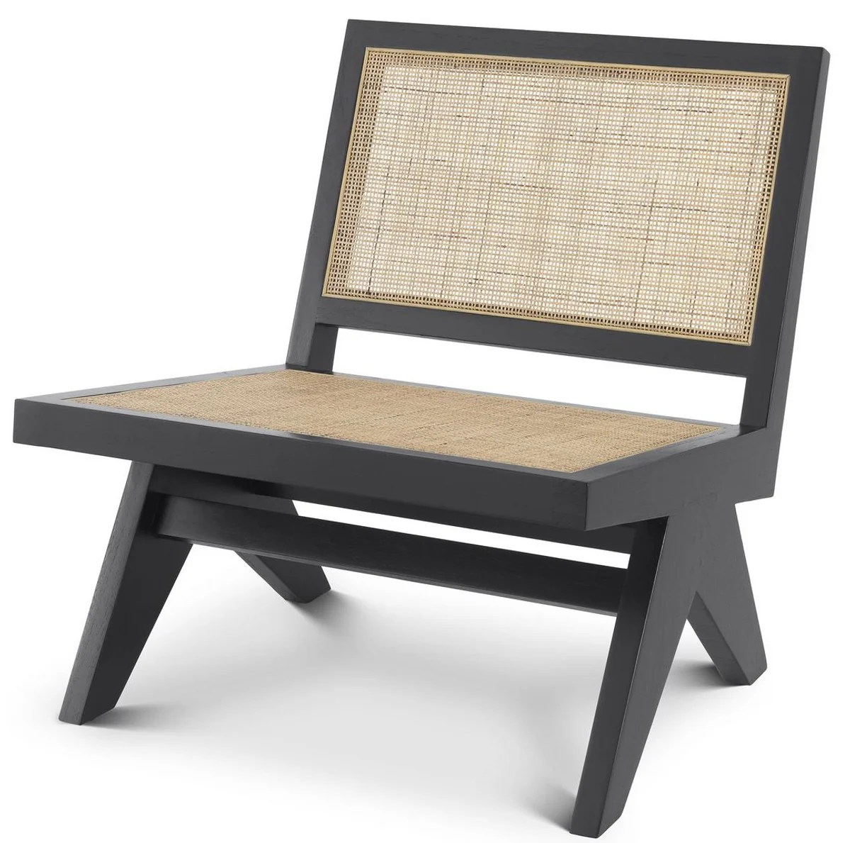 Casa Padrino sill¨®n de sal¨®n de lujo negro / natural 69,5 x 74 x A. 76 cm - Sill¨®n de madera maciza con tejido de rat¨¢n - Muebles de Lujo