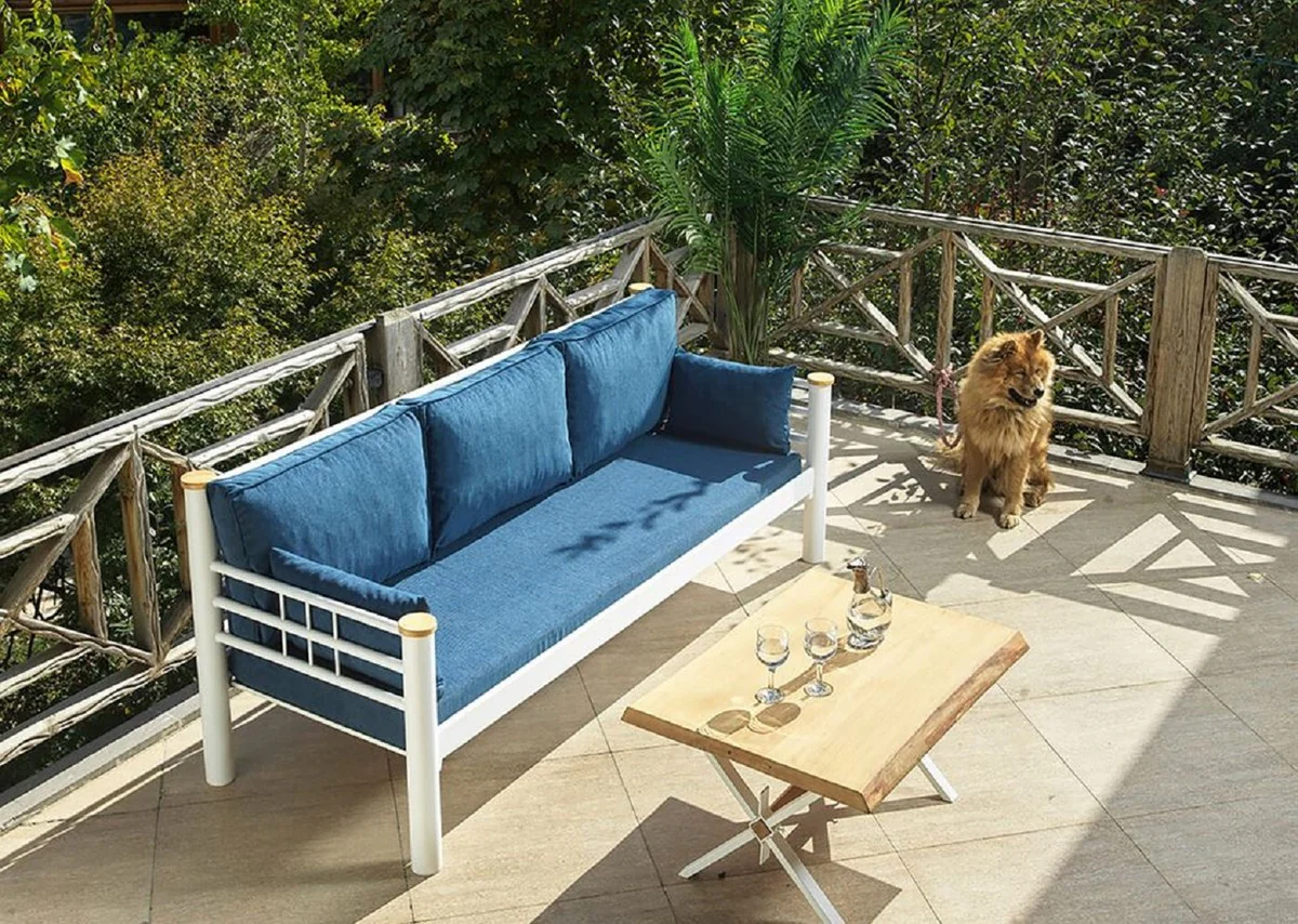 Casa Padrino sof¨¢ de jard¨ªn Art Nouveau azul / blanco / natural 200 x 70 x A. 85 cm - Sof¨¢ de jard¨ªn de metal con cojines - Sof¨¢ de Terraza - Muebles de jard¨ªn - Muebles Art Nouveau