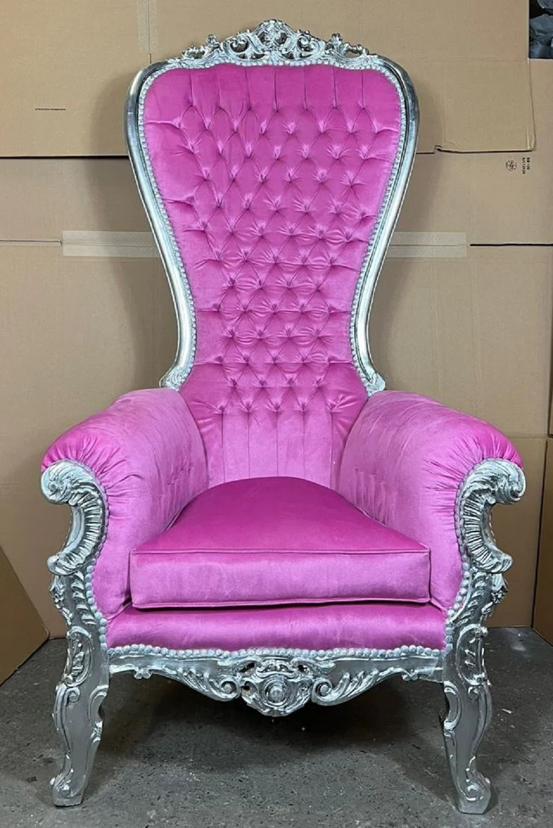 Casa Padrino sill¨®n de trono barroco con tejido de terciopelo rosa / plata - Sill¨®n sill¨®n real - Sill¨®n de boda hecho a mano - Sill¨®n gigante barroco - Muebles barrocos