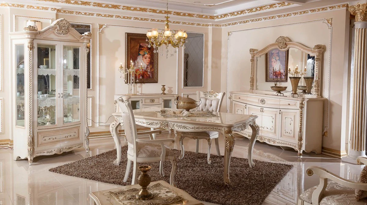 Casa Padrino conjunto de comedor barroco de lujo gris / blanco / beige / oro - 1 Mesa de Comedor Barroco y 6 Sillas de Comedor Barrocos - Muebles de comedor de lujo estilo barroco - Muebles barrocos