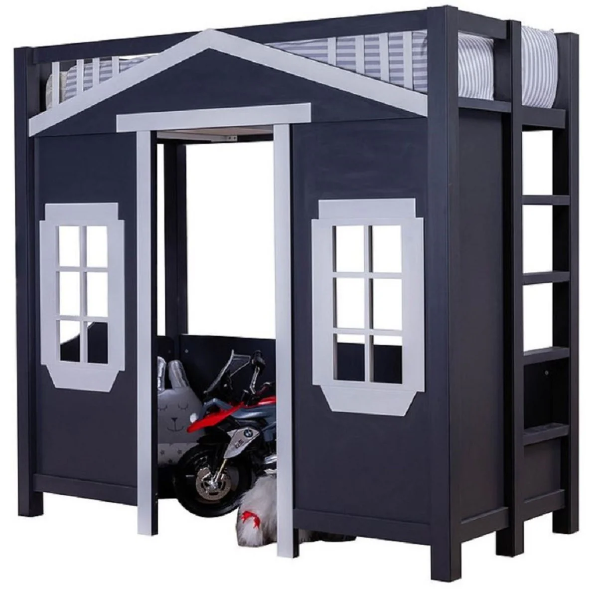 Casa Padrino cama de casa para niños de estilo campestre azul oscuro / gris 208 x 102 x A. 196 cm - Cama alta para niños con escalera - Muebles para la habitación de los niños campestre