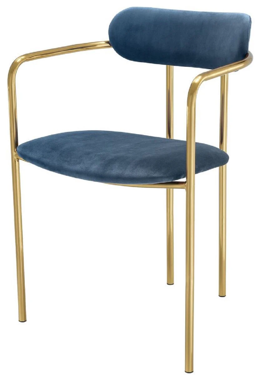 Casa Padrino sillas de comedor de lujo con reposabrazos azul / oro 53 x 50 x H. 74 cm - Sillas de Cocina con Tela de Terciopelo Fino - Conjunto de Comedor - Muebles de Comedor