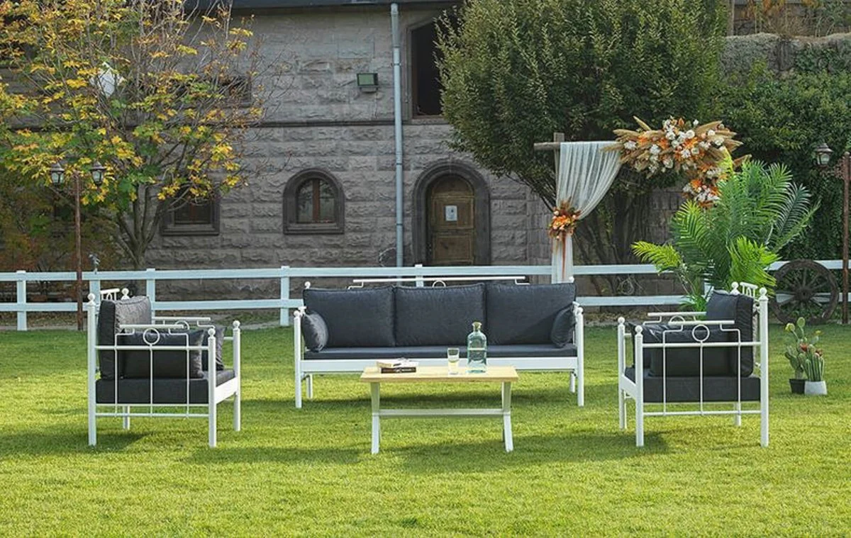 Casa Padrino Art Nouveau Conjunto de Muebles de Jardín Gris Oscuro / Blanco - 1 Sofá y 2 Sillones y 1 Mesa - Muebles de Jardín y Patio en Estilo Art Nouveau