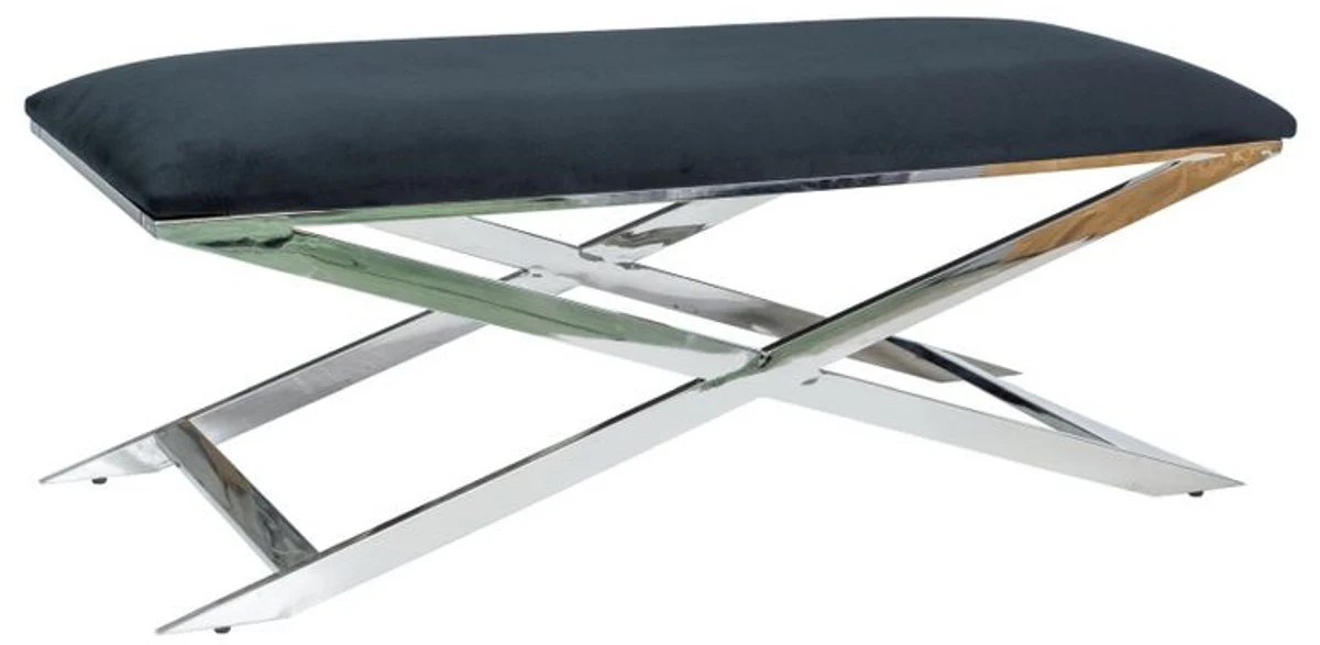 Casa Padrino banco de lujo negro / plata 120 x 45 x A. 45 cm - Banco tapizado de terciopelo con estructura de acero inoxidable cromado