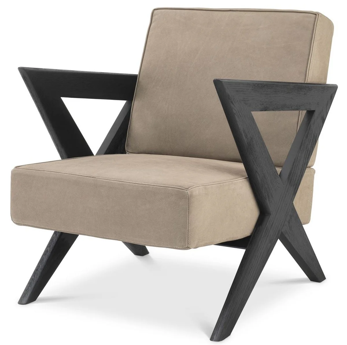 Casa Padrino sill¨®n de piel genuina de lujo beige / negro 63 x 79 x A. 76 cm - Sill¨®n de sal¨®n con cuero fino de b¨²falo - Muebles de Lujo