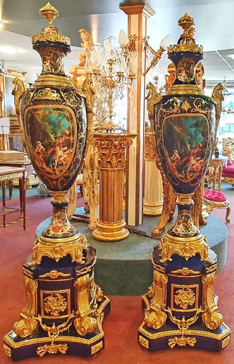 Casa Padrino conjunto de jarrones de cerámica barroco con pedestal azul cobalto / oro 60 x 60 x A. 215 cm - Conjunto de decoración magnífica - Accesorios de Decoración de Hoteles y Restaurantes