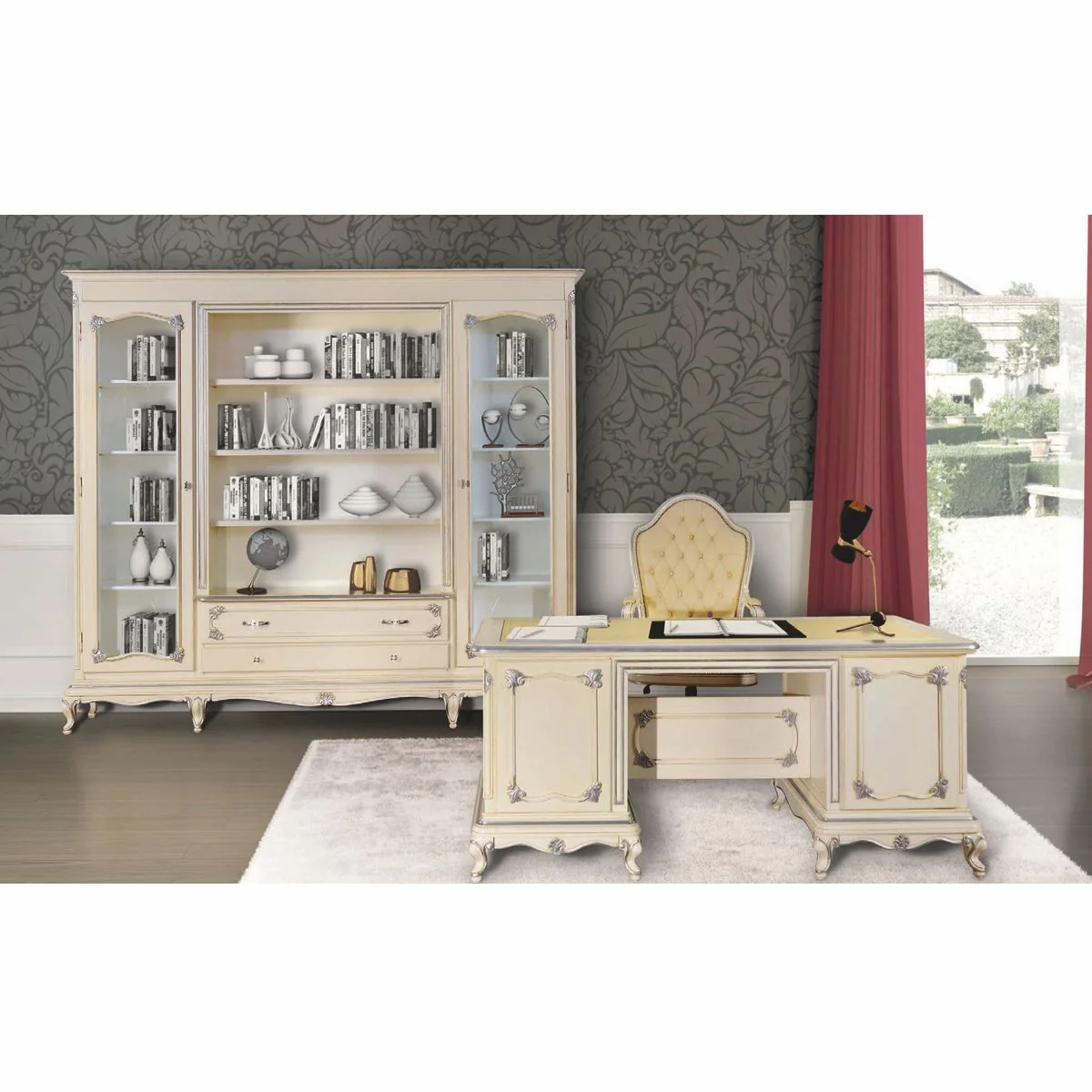 Casa Padrino Escritorio Barroco de Lujo Crema / Plata 180 cm - Hecho en Italia
