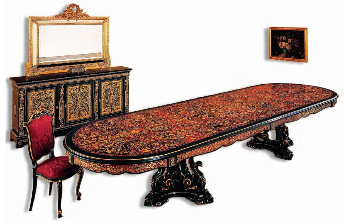 Casa Padrino mesa de comedor barroco de lujo negro / rojo / oro 400 x 130 x A. 80 cm - Mesa de comedor de madera maciza hecha a mano - Muebles de comedor barrocos - Noble y Magn¨ªfico