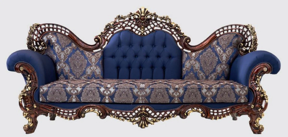 Casa Padrino sof¨¢ barroco de lujo azul / marr¨®n oscuro / oro 270 x 100 x A. 122 cm - Magn¨ªfico sof¨¢ de sal¨®n con patr¨®n elegante - Muebles de estilo barroco