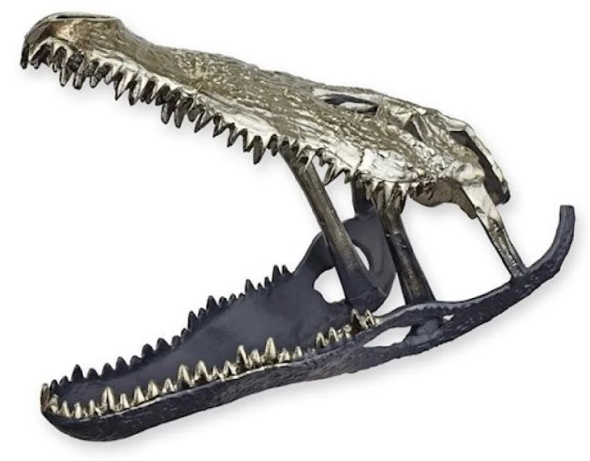 Casa Padrino escultura decorativa de aluminio de lujo calavera de cocodrilo plata / negro 54,5 x 27 x A. 38,4 cm - Figura decorativa de aluminio - Decoración de salón - Decoración de escritorio