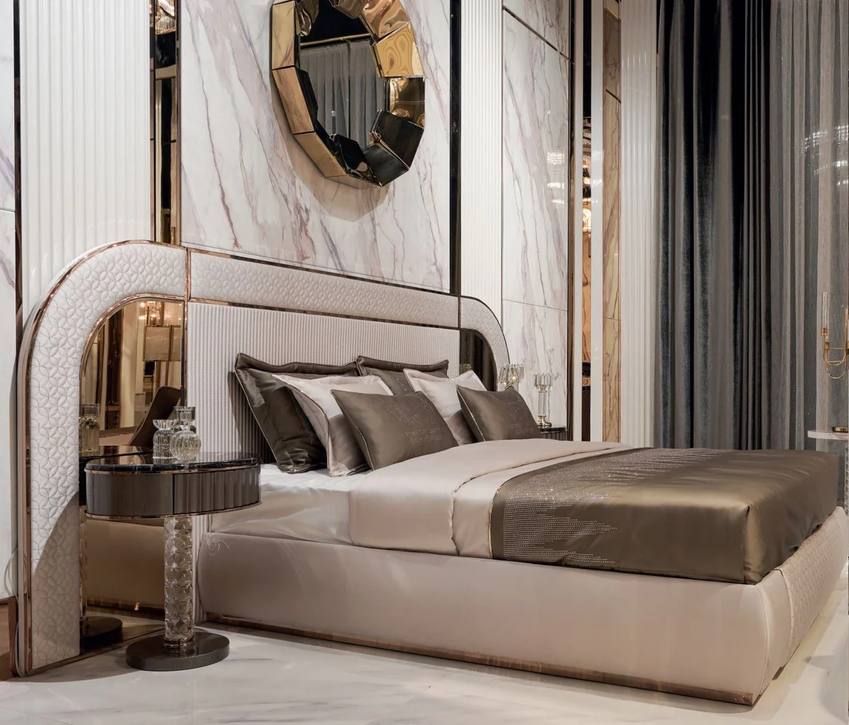 Casa Padrino mesita de noche Art Deco de lujo negro / gris / cobre 60 x 45 x A. 66 cm - Mesita de noche con cajón y tapa de mármol artificial - Muebles de dormitorio Art Deco de lujo