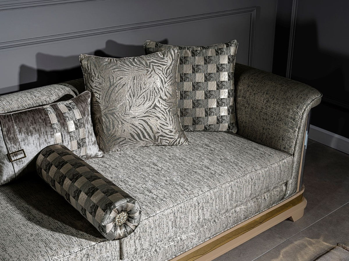 Casa Padrino sof¨¢ Art Deco de lujo plata / negro / beige / oro 249 x 93 x A. 72 cm - Sof¨¢ de sal¨®n con cojines decorativos - Muebles de Sal¨®n Art Deco